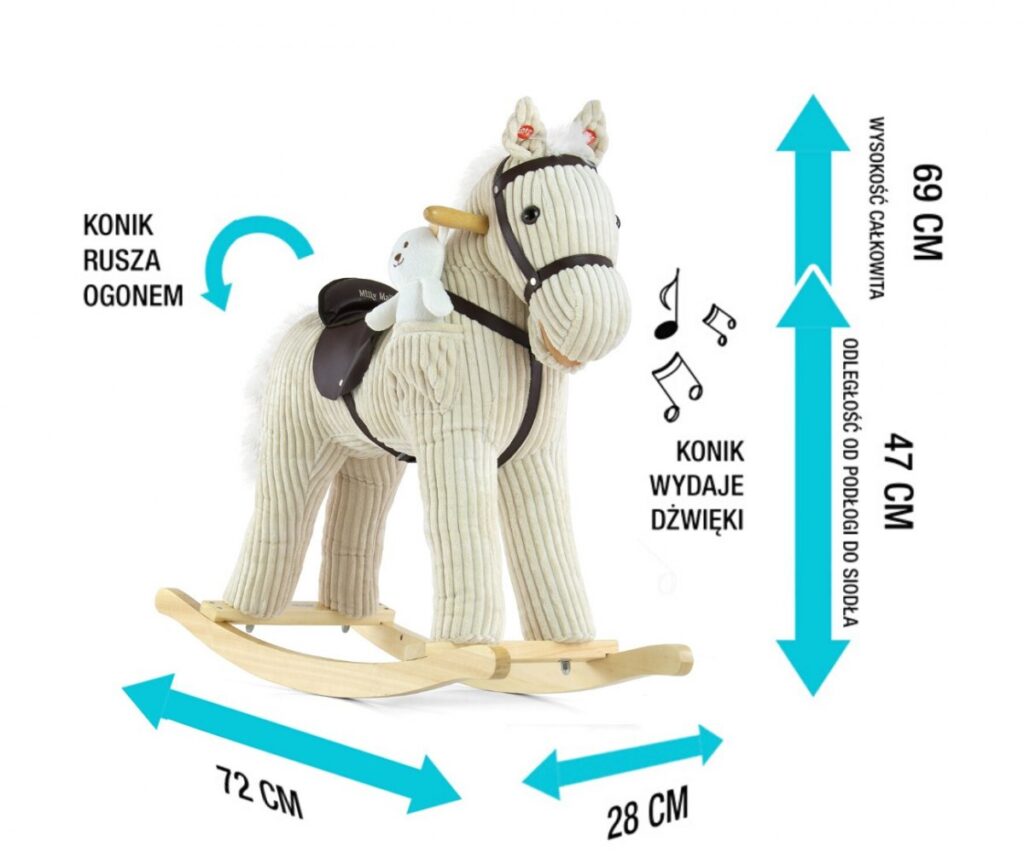 Interaktywny konik na biegunach na 3 latka Pony Luna Milly Mally. W zestawie personalizowany miś z imieniem dziecka. Konik porusza pyszczkiem i ogonem oraz wydaje dźwięki.