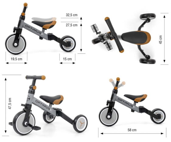 Wielofunkcyjny, pierwszy rowerek biegowy, trójkołowy, jeździk szary. Prezent na roczek dla chłopca.