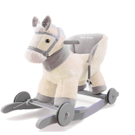 Biały, kremowy konik z oparciem i pasami. Jeździk na roczek.