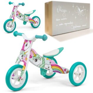 Rowerek na 2 latka dla dziewczynki z jednorożcem Look Milly Mally. Personalizowane pudełko na prezent.