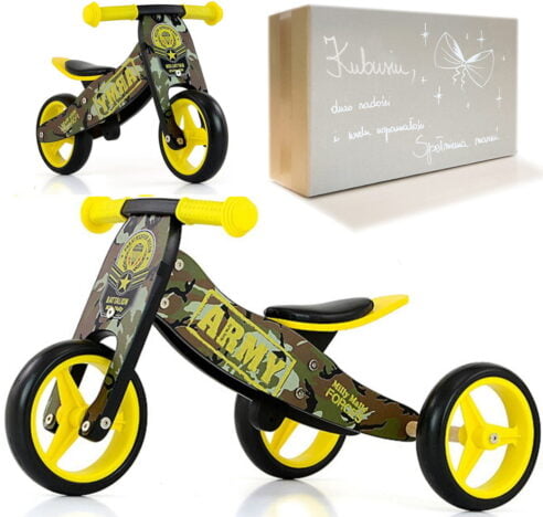 Biegowy rowerek na roczek dla chłopca Jake Army Milly Mally z motywem wojskowym. W zestawie personalizowane pudełko prezentowe.