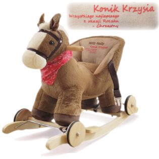 Brązowy konik na biegunach z oparciem i pasami. Personalizowany prezent na roczek z życzeniami.