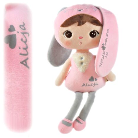 Pluszowy Królik z imieniem Metoo. Przytulanka do zasypiania. Prezent od dziadków dla noworodka.