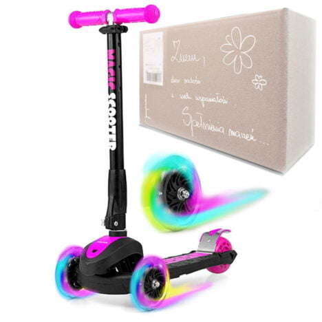 Hulajnoga trójkołowa balansowa Milly Mally Scooter Magic Pink ze świecącymi kołami i personalizowanym pudełkiem na prezent.