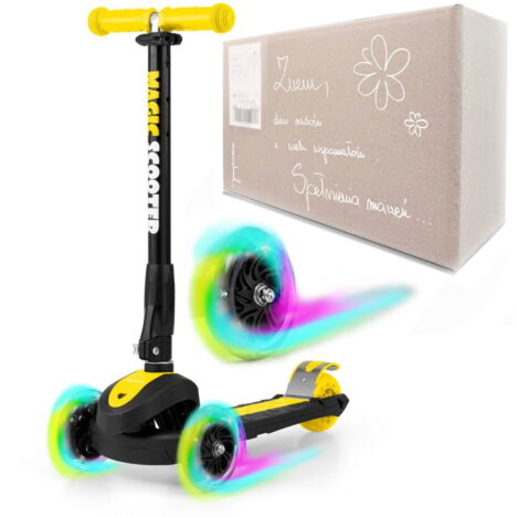 Hulajnoga trójkołowa balansowa Milly Mally Scooter Magic Green ze świecącymi kołami i personalizowanym pudełkiem na prezent dla trzylatka.