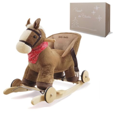 Brązowy konik na biegunach z personalizowanym pudełkiem prezentowym.