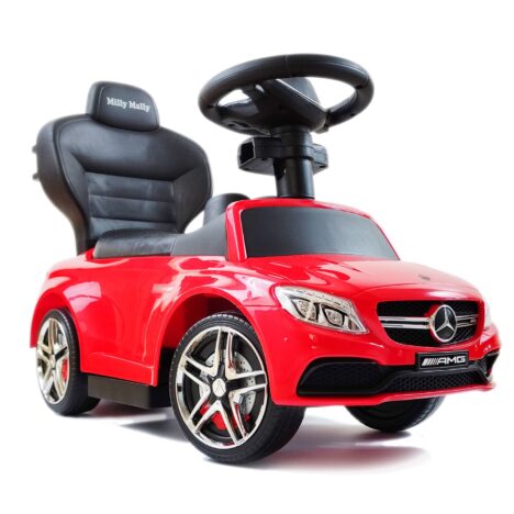 Mercedes z imieniem dziecka na masce. Czerwony jeździk Milly Mally.