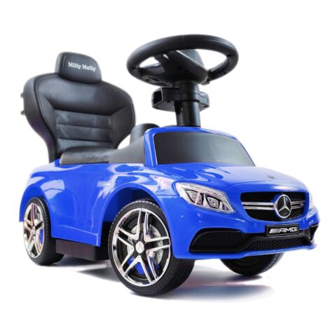 Mercedes z imieniem dziecka na masce. Niebieski jeździk dla chłopca na roczek Milly Mally 3w1.