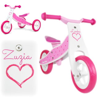 Drewniany rowerek Milly Mally z imieniem. Personalizowany prezent dla Lenki.