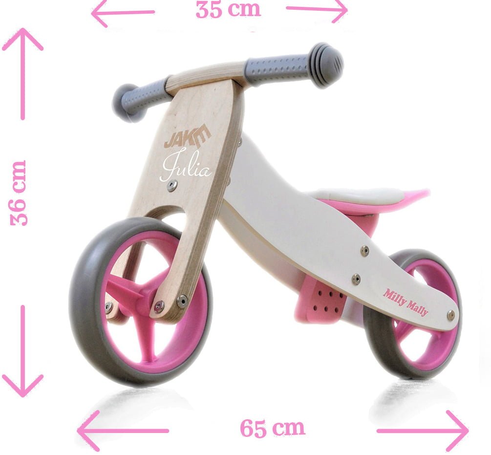 Pierwszy rowerek dla dziewczynki. Drewniany rowerek biegowy trójkołowy z imieniem. Personalizowany prezent na roczek.