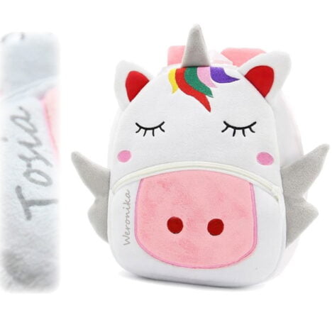 Plecak pluszowy jednorożec z imieniem dziewczynki Tosia. oryginalny prezent dla trzylatki.