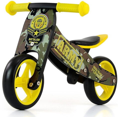 Pierwszy rowerek biegowy na roczek dla chłopca. Wojskowy motyw.