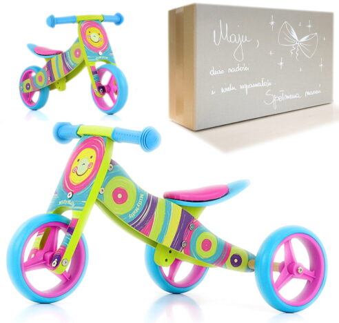 Tęczowy rowerek biegowy trójkołowy 2w1 Jake Rainbow Mint Milly Mally z personalizowanym pudełkiem na prezent na roczek dla dziewczynki