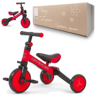 Czerwony rowerek biegowy trójkołowy 3w1 Optimus Red Milly Mally z personalizowanym pudełkiem na prezent na roczek.