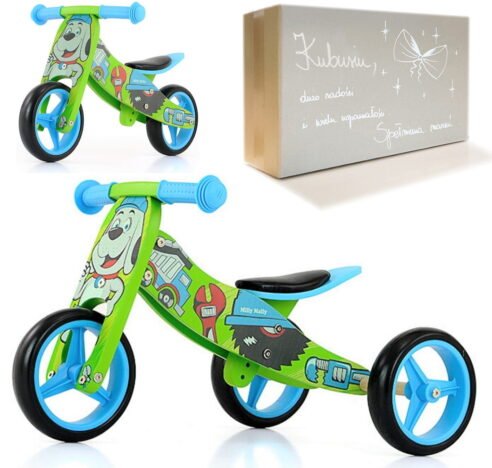 Trójkołowy rowerek na roczek dla chłopca Jake Bob Milly Mally z z pieskiem. W zestawie personalizowane pudełko prezentowe.