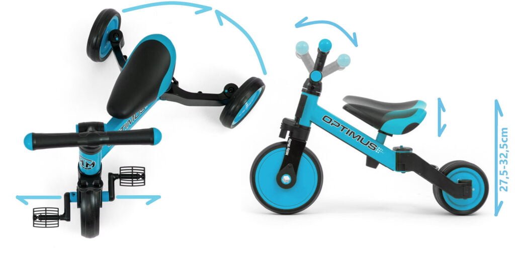 Wielofunkcyjny, pierwszy rowerek biegowy, trójkołowy, jeździk niebieski. Prezent na roczek dla chłopca pod choinkę.