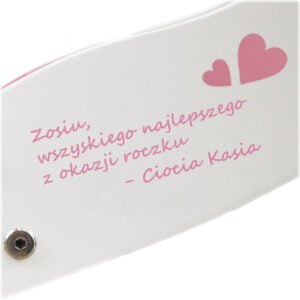 Życzenia na drewnianym rowerku Jake Milly Mally. Personalizowany prezent na roczek dla dziewczynki.