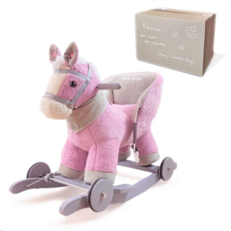 Fioletowy konik na biegunach na roczek dla dziewczynki z personalizowanym pudełkiem na prezent.