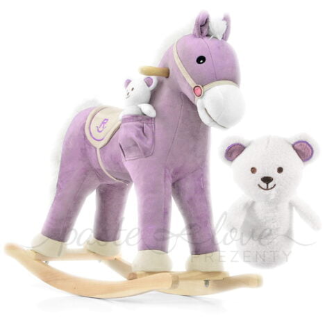 Różowy konik na biegunach z misiem. Personalizowany prezent na dwa latka dla dziewczynki od chrzestnego.