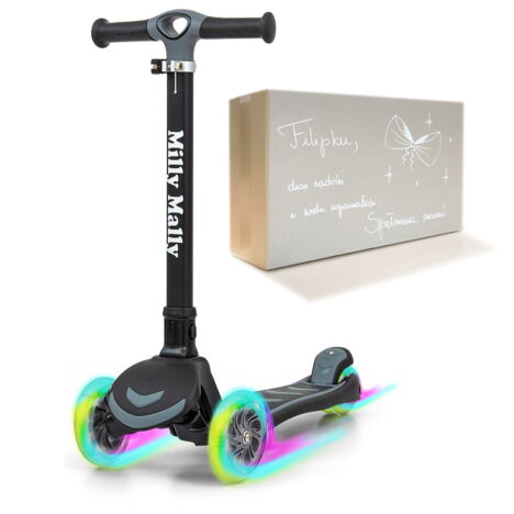 Hulajnoga trójkołowa balansowa Milly Mally Scooter Boogie Black ze świecącymi kołami i personalizowanym pudełkiem na prezent dla dzieci 3 lata.