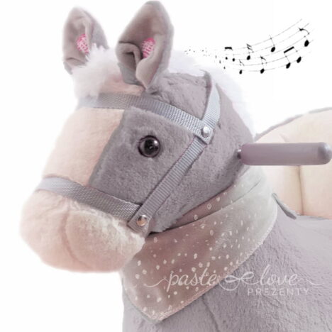 Interaktywny konik na biegunach szary. Personalizowany prezent na roczek dla chłopca.