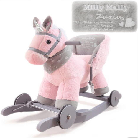 Interaktywny jednorożec konik na biegunach z oparciem Pony Pink Milly Mally. Personalizowany prezent z imieniem i życzeniami.