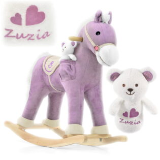 Konik na biegunach Pony Purple Milly Mally. W zestawie miś z imieniem dziecka. Personalizowany prezent dla dziewczynki na 2 latka.