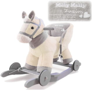 Kremowo biały konik na biegunach z oparciem z imieniem dziecka i życzeniami od chrzestnych. Prezent na roczek dla dziecka.