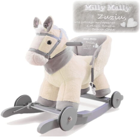 Kremowo biały konik na biegunach z oparciem z imieniem dziecka i życzeniami od chrzestnych. Prezent na roczek dla dziecka.