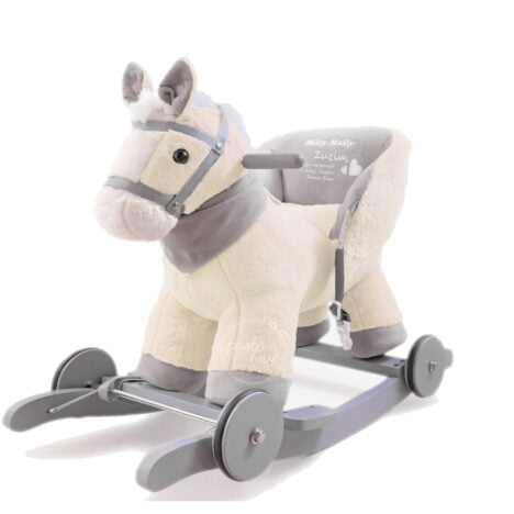 Konik na biegunach z personalizowanym oparciem. Prezent na roczek od chrzestnej.