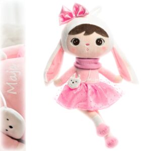 Różowy Królik Metoo z sukienką. Pluszowa lalka z imieniem. Personalizowany prezent dla Mai.