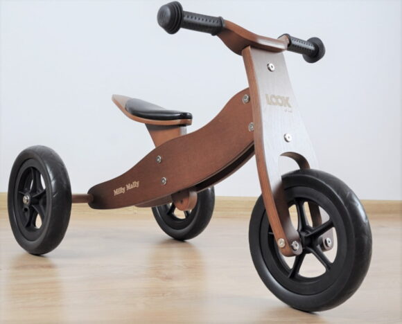 Drewniany rowerek z imieniem Look Dark Natural Milly Mally. Prezent na 2 latka.