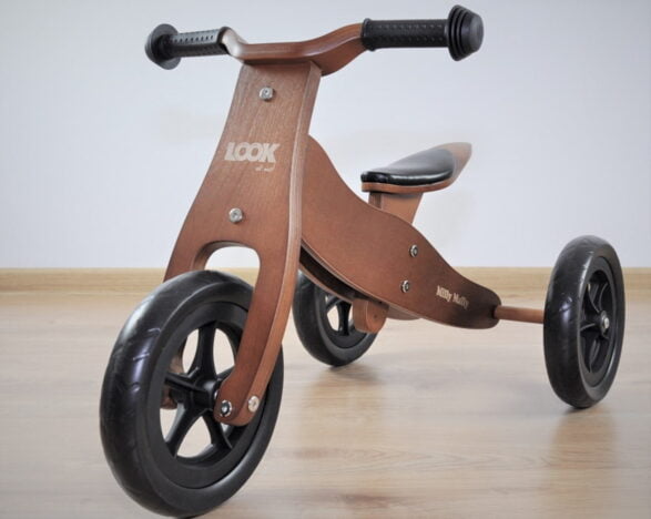 Drewniany rowerek z imieniem Look Dark Natural Milly Mally. Prezent na 2 latka.