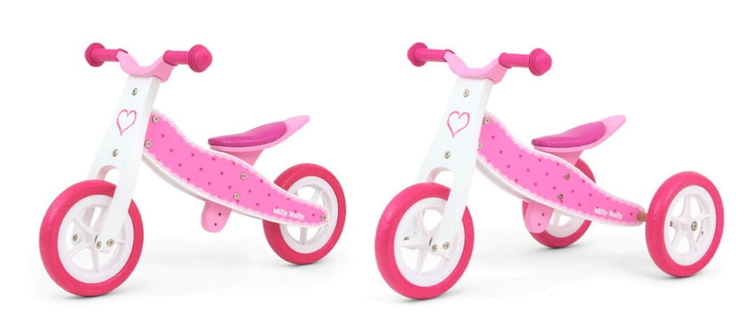 Różowy rowerek biegowy trójkołowy Milly Mally. Oryginalny prezent dla dziewczynki na 2 latka.