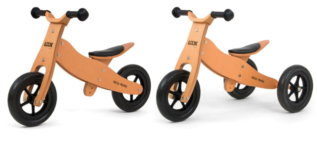 Drewniany rowerek biegowy trójkołowy na 2 latka z możliwością personalizacji.