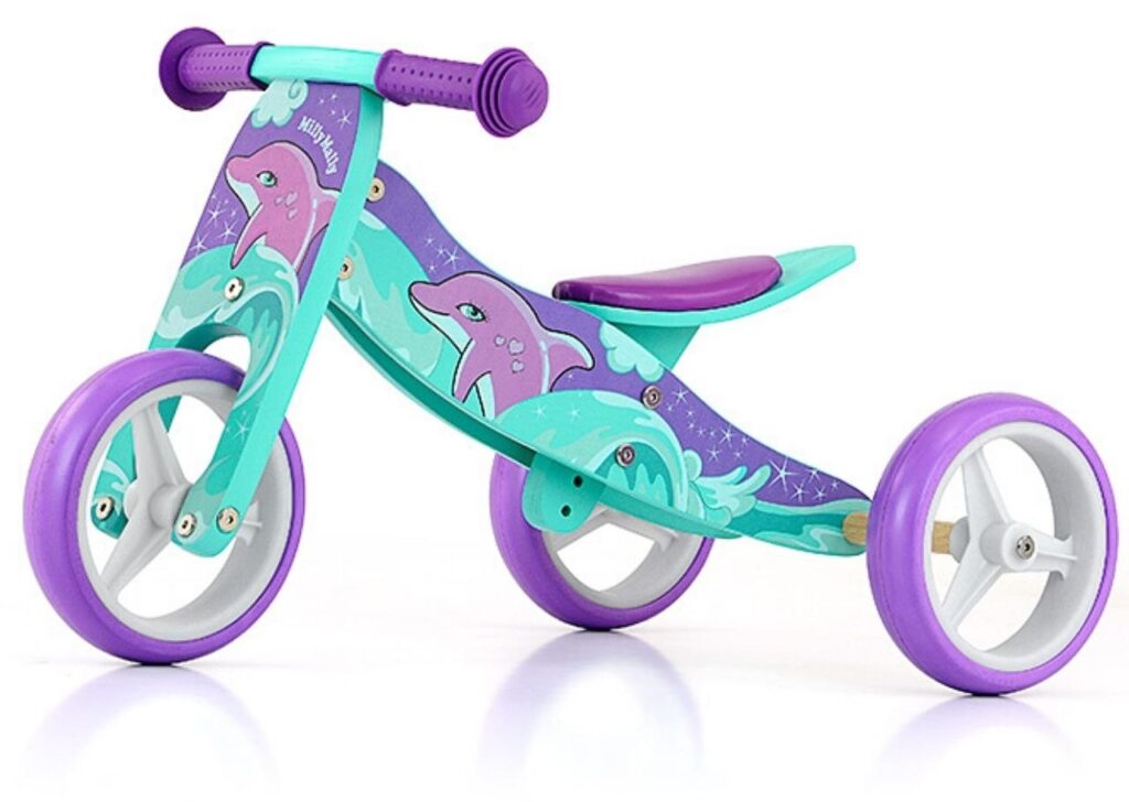 Fioletowy rowerek na roczek dla dziewczynki. Wyjątkowy prezent na pierwsze urodziny dla dziecka. Pierwszy jeździk i rowerek biegowy w jednym.