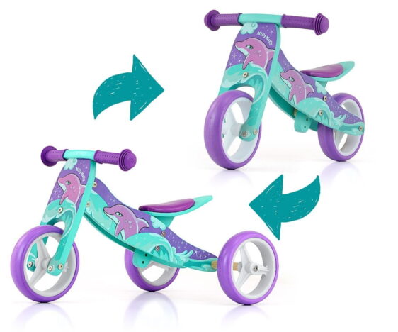 Jeździk trójkołowy i rowerek biegowy w jednym w kolorze miętowym i fioletowym. Wyjątkowy prezent na roczek dla dziewczynki z motywem w delfiny.