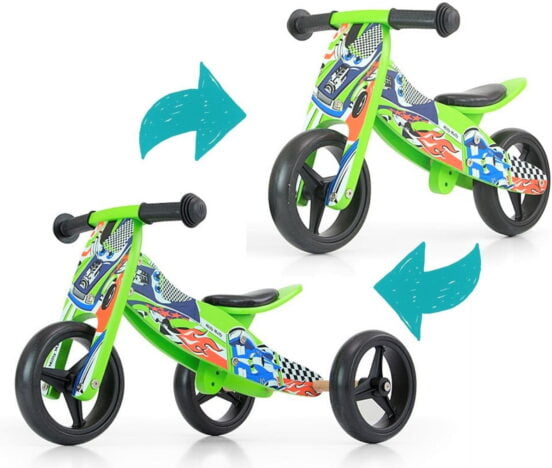 Zielony rowerek biegowy trójkołowy dla fana wyścigówek. Personalizowany prezent na roczek dla Chłopca.