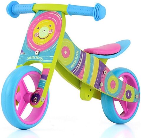 Pierwszy rowerek biegowy na roczek dla dziewczynki. Tęczowy motyw.