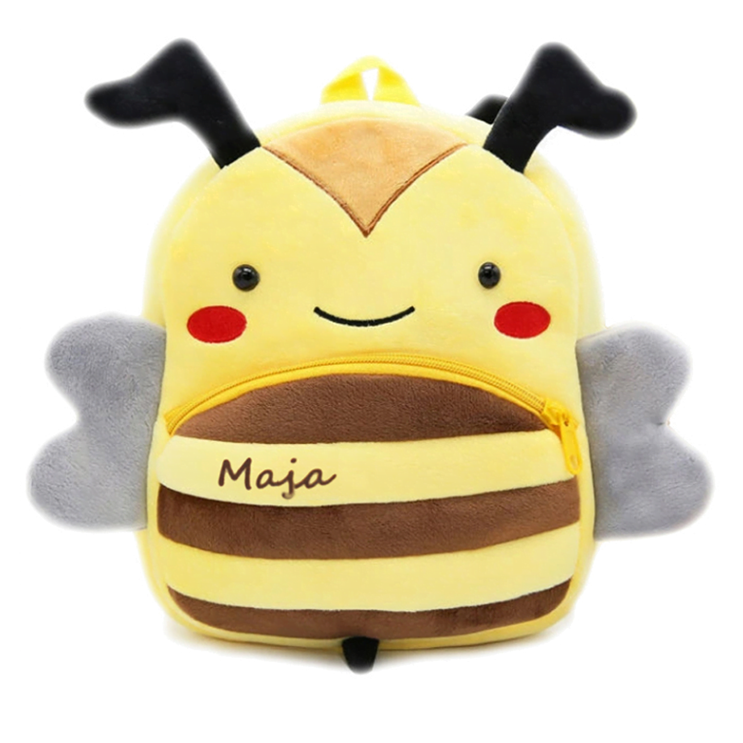 Plecaczek pluszowy do przedszkola w kształcie pszczółki. Z naniesionym imieniem Maja. Idealny przezent dla przedszkolaka.
