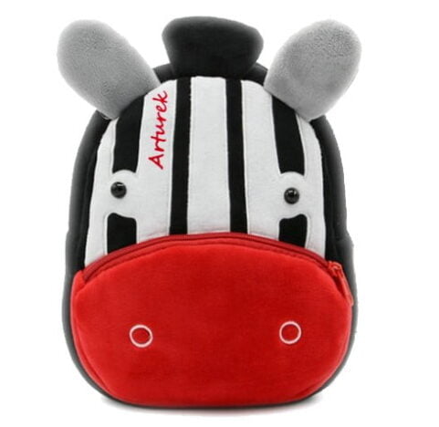 Personalizowany plecak dla dziewczynek do przedszkola. Pluszowa zebra.