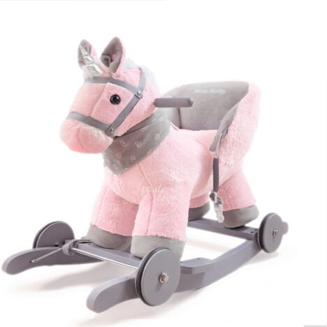 Różowy jednorożec - konik na biegunach z oparciem i pasami. Prezent od chrzestnego dla dziewczynki z personalizowanym pudełkiem