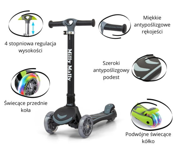Hulajnoga trójkołowa balansowa Milly Mally ze świecącymi kołami, regulacją kierownicy, antypoślizgowym podestem.