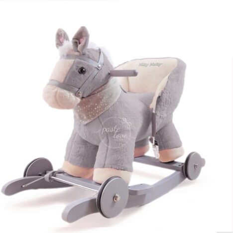 Szary konik na biegunach z oparciem i pasami. Oryginalny prezent na roczek.