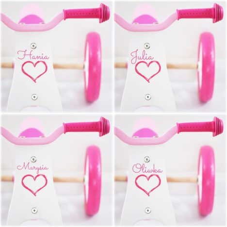 Drewniany rowerek Milly Mally z imieniem. Personalizowany prezent dla Marysi na 2 latka.