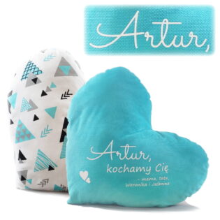 Miętowa poduszka serce z imieniem. Prezent na walentynki dla chłopaka.