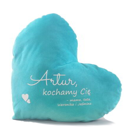 Miętowa poduszka w kształcie serca z imieniem Artur. Personalizowany prezent dla chłopca.