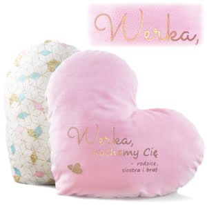 Poduszka z imieniem w kształcie serca w kolorze różowego złota.