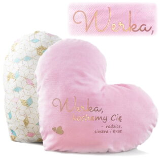 Poduszka z imieniem w kształcie serca w kolorze różowego złota.