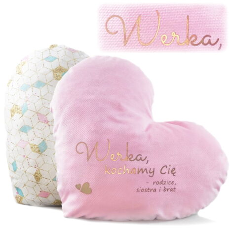 Poduszka z imieniem w kształcie serca w kolorze różowego złota.